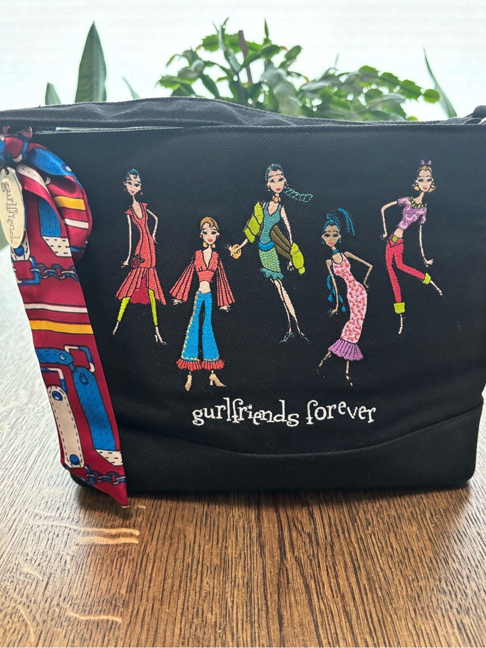 Gurlfriends Forever Embroidered Shoulder Tote Bag‎ Black Scarf Accent Purse